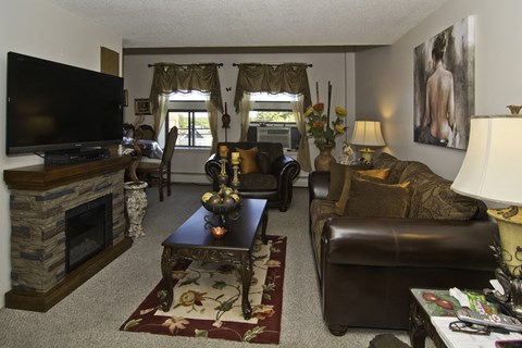 a living room with leather furniture and a television
